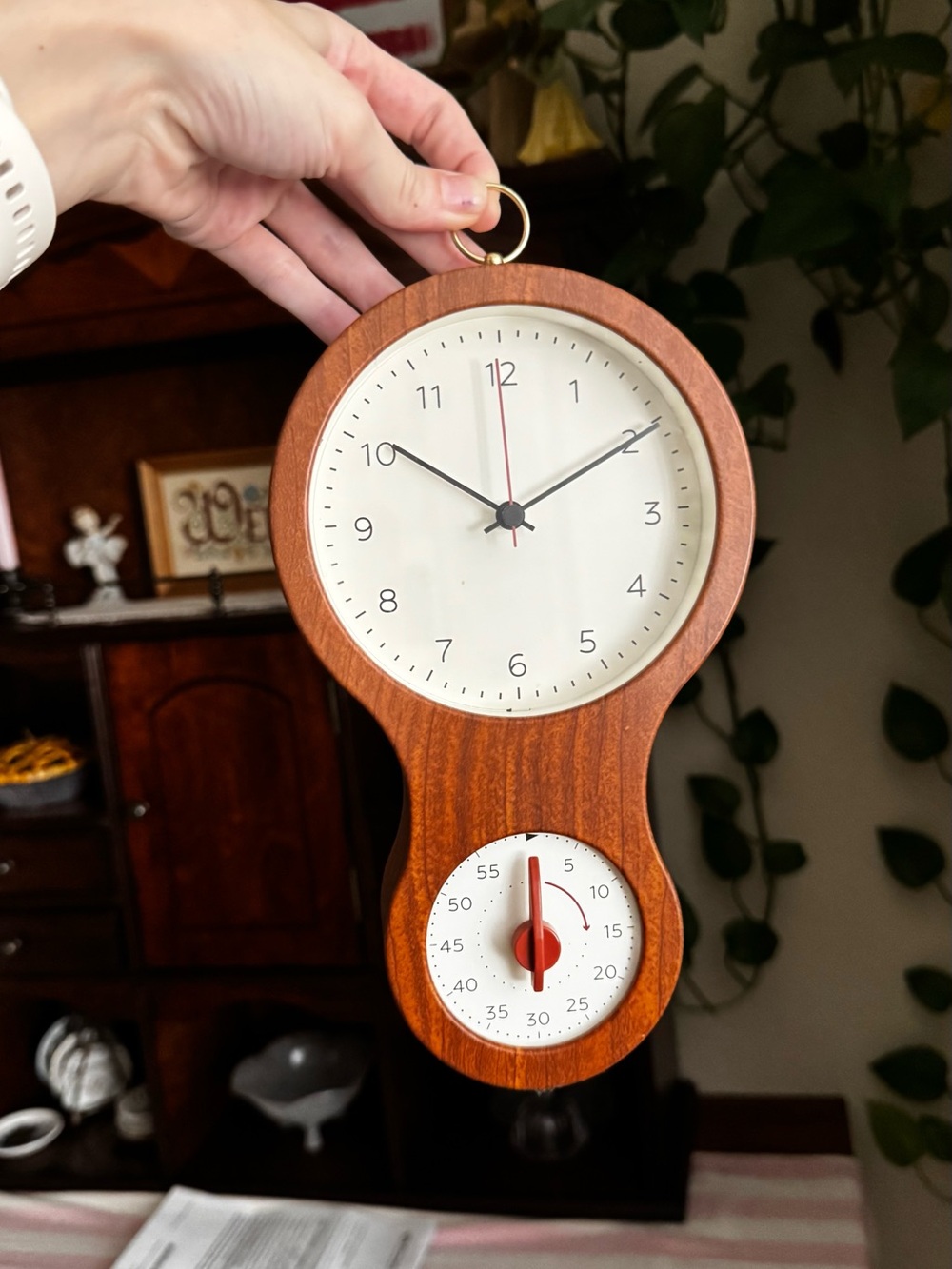 Wooden Wall Clock with White Dial and Red Timer